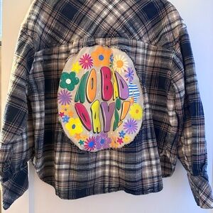 Upcycled Plaid Flannel Shirt with Colorful Patch